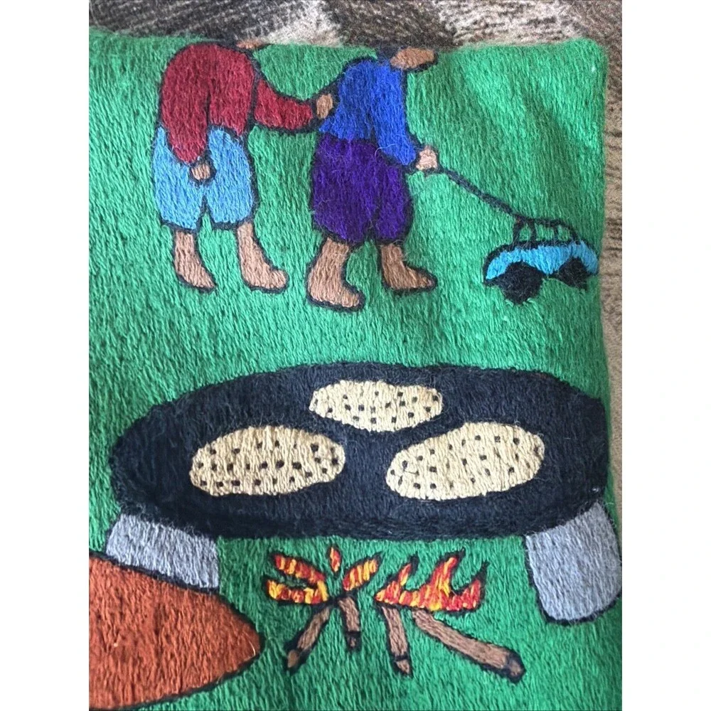Vintage Handmade African Folk Art Embroidered Pillow Cover 14x14 Cooking Scene